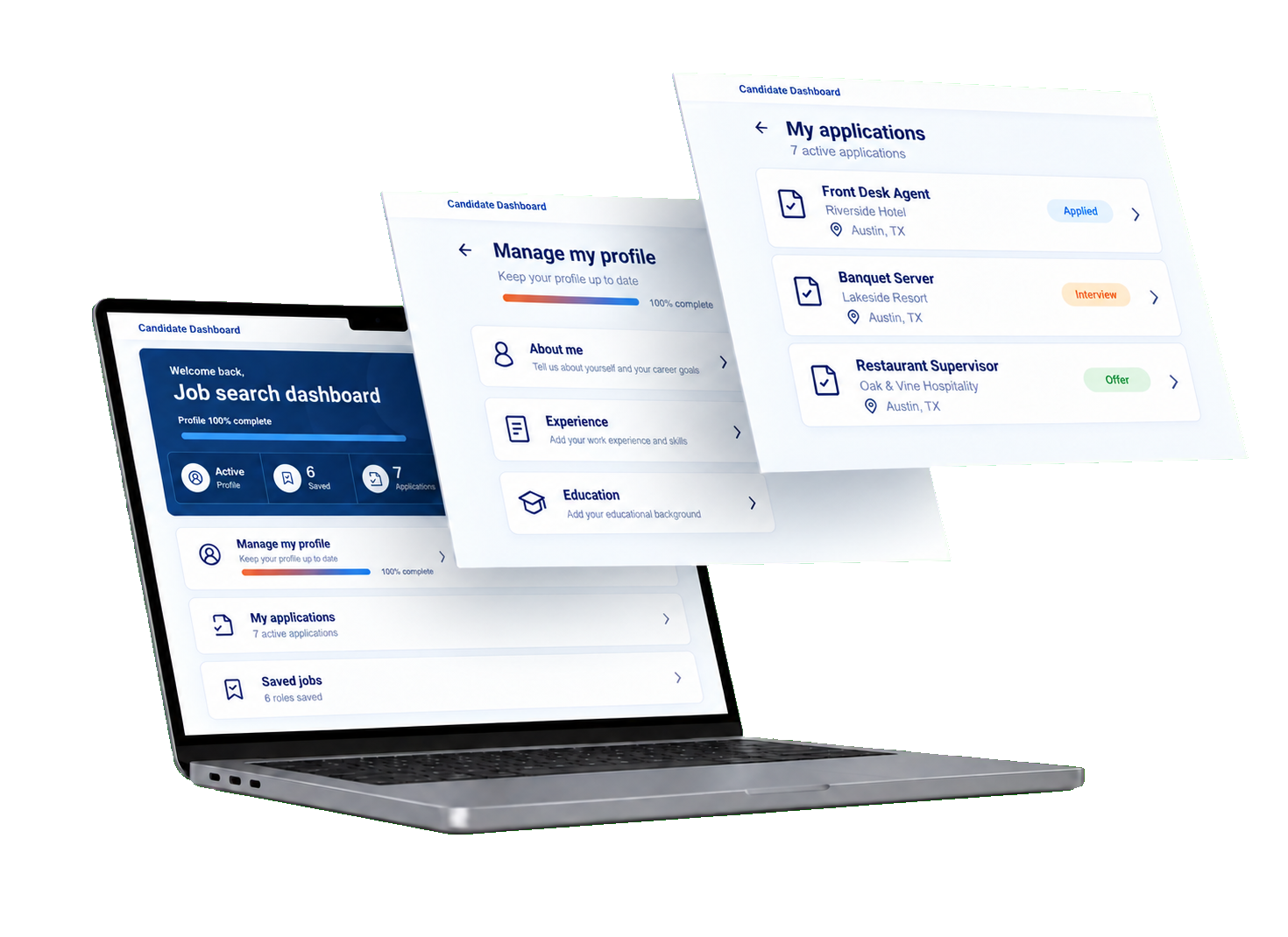 Placed candidate dashboard displayed on an angled laptop
